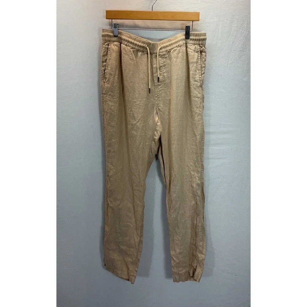 Quince Women's 100% Linen Pants flax Beige Size M Pockets pull on ankle straight